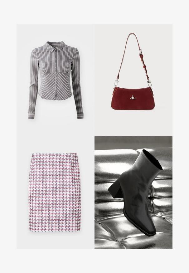 Camisa gris de manga larga con rayas blancas verticales, cuello con solapa y cierre en la parte delantera. Presenta un diseño ajustado y un dobladillo inferior curvado.; Falda de tejido en patrón de cuadros rojo, blanco y azul, que presenta un diseño recto y una textura suave, con una cintura a media altura.; Botín negro de tobillo hecho de material brillante, con punta cuadrada y tacón cónico, contra un fondo plateado brillante con almohadillado.; Bolso de hombro de ante rojo con forma curvada. Presenta un acento en tono plateado y una correa ajustable con detalles de herrajes. Textura suave.