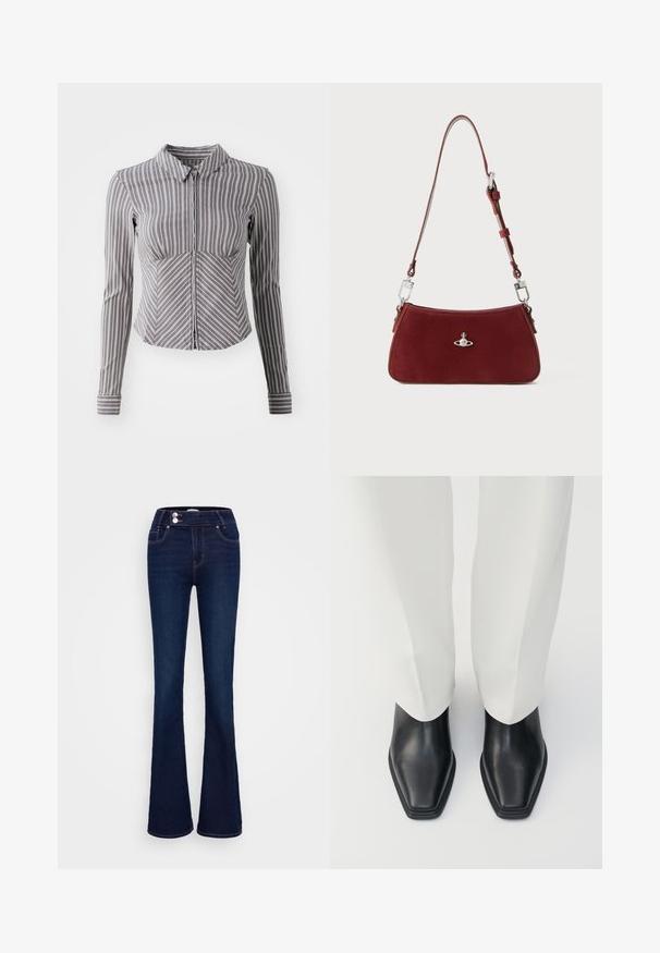 Szara koszula z długim rękawem, w pionowe białe paski, z kołnierzykiem i zamkiem z przodu. Posiada dopasowany krój oraz zaokrąglony dół.; Granatowe dżinsy w fasonie dzwonów z wysokim stanem, dwiema przednimi kieszeniami oraz dwoma zapięciami na guziki. Wykonane z denimowej tkaniny o gładkiej fakturze.; Czarne skórzane botki za kostkę z wysmukłym noskiem i niskim, ściśniętym obcasem, w połączeniu z białymi spodniami o szerokich nogawkach. Gładka tekstura, elegancki design.; Czerwona zamszowa torba na ramię o wyprofilowanym kształcie. Posiada srebrny akcent oraz regulowany pasek z detalami ze stali. Gładka tekstura.