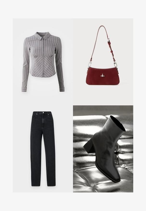 Grau langärmliges Shirt mit vertikalen weißen Streifen, Kragen und Reißverschluss vorne. Verfügt über ein tailliertes Design und einen abgerundeten Saum.; Schwarze Jeans mit geradem Bein aus Denim. Merkmale sind eine hohe Taille, ein metallener Knopfverschluss, fünf Taschen und subtile Nähdetails.; Schwarzer Knöchelstiefel aus glänzendem Material mit quadratischer Zehenform und verjüngtem Absatz, vor einem glänzenden silbernen gepolsterten Hintergrund.; Rote Wildleder Schultertasche mit einer curved Form. Verfügt über einen silberfarbenen Akzent und einen verstellbaren Trageriemen mit Hardware-Details. Glatte Textur.