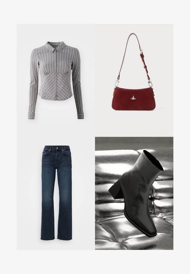 Gray long-sleeve shirt with vertical white stripes, collared neckline, and zipper front. Features a fitted design and curved bottom hem.; Dark blue denim jeans with a high waist, wide-leg cut, classic five-pocket design, and frayed hem detail at the bottom.; Black ankle boot made of glossy material with a square toe and tapered heel, set against a shiny silver tufted background.; Red suede shoulder bag with a curved shape. Features a silver-tone accent and adjustable strap with hardware detailing. Smooth texture.