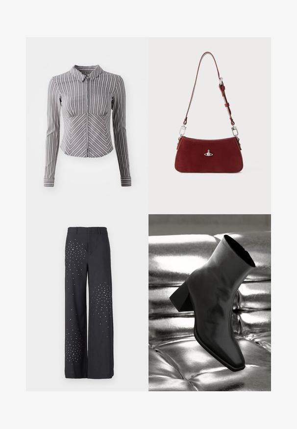 Siva košulja dugih rukava s vertikalnim bijelim prugama, ovratnik i prednji patentni zatvarač. Ima prilagođen dizajn i zakrivljeni donji rub.; Hlače širokih nogavica u tamnosivom materijalu, s srebrnim ukrasima raspoređenim u gradijentnom uzorku s jedne strane. Krojen pojas s petljama za remen.; Crni gležnjača napravljena od sjajnog materijala sa četvrtastim vrhom i suženom petom, postavljena protiv srebrne sjajne pozadine sa nabranim uzorkom.; Crvena suede torba preko ramena s zakrivljenim oblikom. Ima srebrni naglasak i podesivu traku s detaljima od hardvera. Glatka tekstura.