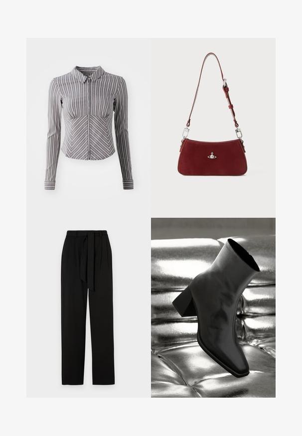 Harmaa pitkähihaisessa paidassa on pystysuorat valkoiset raidat, kauluskohdistus ja vetoketjukiinnitys. Paidassa on muotoiltu malli ja kaareva helma.; Mustat housut korkealla vyötäröllä, sivupleateilla ja kangasvyöllä. Valmistettu sileästä materiaalista, suorat, täyspitkät lahkeet.; Musta nilkkuri, joka on valmistettu kiiltävästä materiaalista, jossa on neliömäinen kärki ja kapeahko kanta, asetettuna kiiltävän hopean tuftatun taustan eteen.; Punainen mokkakankainen olkalaukku, jolla on kaareva muoto. Varustettu hopeanvärisellä yksityiskohdalla ja säädettävällä hihnalla, jossa on metalliyksityiskohtia. Pinta on sileä.