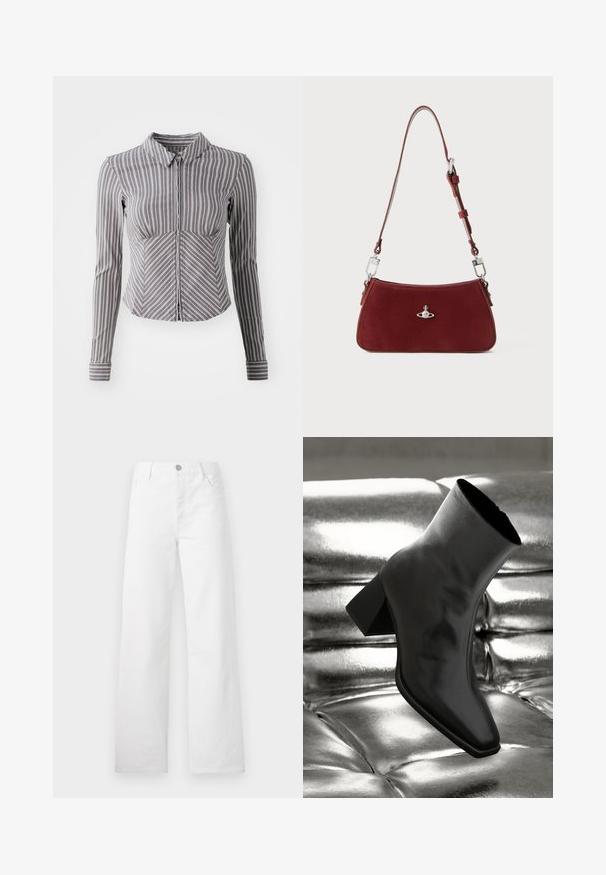 Harmaa pitkähihaisessa paidassa on pystysuorat valkoiset raidat, kauluskohdistus ja vetoketjukiinnitys. Paidassa on muotoiltu malli ja kaareva helma.; Valkoiset leveälahkeiset farkut, jotka on valmistettu puuvilladenimistä. Ominaisuuksiin kuuluu nappi- ja vetoketjusulkeminen, klassiset etutaskut sekä siisti, yksinkertainen muotoilu.; Musta nilkkuri, joka on valmistettu kiiltävästä materiaalista, jossa on neliömäinen kärki ja kapeahko kanta, asetettuna kiiltävän hopean tuftatun taustan eteen.; Punainen mokkakankainen olkalaukku, jolla on kaareva muoto. Varustettu hopeanvärisellä yksityiskohdalla ja säädettävällä hihnalla, jossa on metalliyksityiskohtia. Pinta on sileä.