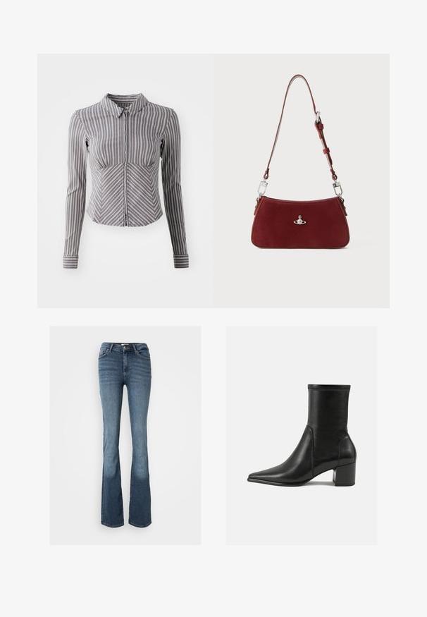 Cămașă gri cu mânecă lungă, cu dungi verticale albe, guler cu guler și fermoar în față. Prezintă un croi ajustat și un tiv inferior curbat.; Jeans bootcut din denim albastru. Au un talie medie, cinci buzunare, cusături subtile și un aspect ușor decolorat pe picioare.; Botină neagră până la gleznă, fabricată din piele netedă, cu vârf ascuțit, toc tip bloc și cusături proeminente distincte la marginea superioară.; Geantă de umăr din suede roșu, cu o formă curbată. Are un accent de ton argintiu și o curea ajustabilă cu detalii din metal. Textură netedă.