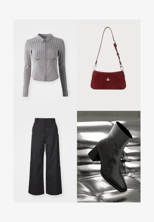 Chemise à manches longues grise avec des rayures blanches verticales, col montant et fermeture éclair à l'avant. Elle présente un design ajusté et un ourlet inférieur arrondi.; Pantalons amples en tissu gris foncé avec des rayures verticales, présentant une taille ajustée et des plis subtils à l'avant.; Botte noire à la cheville en matériau brillant avec un bout carré et un talon effilé, sur un fond argenté brillant et capitonné.; Sac à épaule en daim rouge avec une forme incurvée. Présente un accent en métal argenté et une bandoulière réglable avec des détails en quincaillerie. Texture lisse.