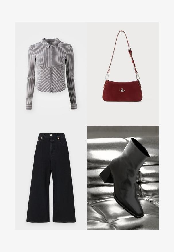 Pelēka garām piedurknēm krekls ar vertikālām baltām svītrām, ar apkakles izgriezumu un rāvējslēdzēja priekšpusi. Tam ir pieguļoša forma un izliekts apakšmala.; Melni plaši bikses no denima. Iespēja ar augstu jostasvietu, varš piespraudes akcenti un pogu aizdare. Minimālistisks dizains bez rakstiem.; Melnas potītes kurpes, izgatavotas no spīdīga materiāla, ar kvadrātveida purngalu un konusveida papēdi, novietotas uz spīdīga sudraba izšūta fona.; Sarkans zamšs plecu soma ar izliekta formu. Iezīmēta ar sudraba toņa akcentu un regulējamu siksnu ar metāla detaļām. Gluda tekstūra.