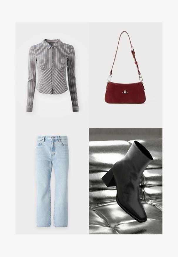 Gray long-sleeve shirt with vertical white stripes, collared neckline, and zipper front. Features a fitted design and curved bottom hem.; Light blue denim jeans with a straight-leg design, mid-rise waist, front pockets, and frayed hem detailing. Classic five-pocket style.; Black ankle boot made of glossy material with a square toe and tapered heel, set against a shiny silver tufted background.; Red suede shoulder bag with a curved shape. Features a silver-tone accent and adjustable strap with hardware detailing. Smooth texture.
