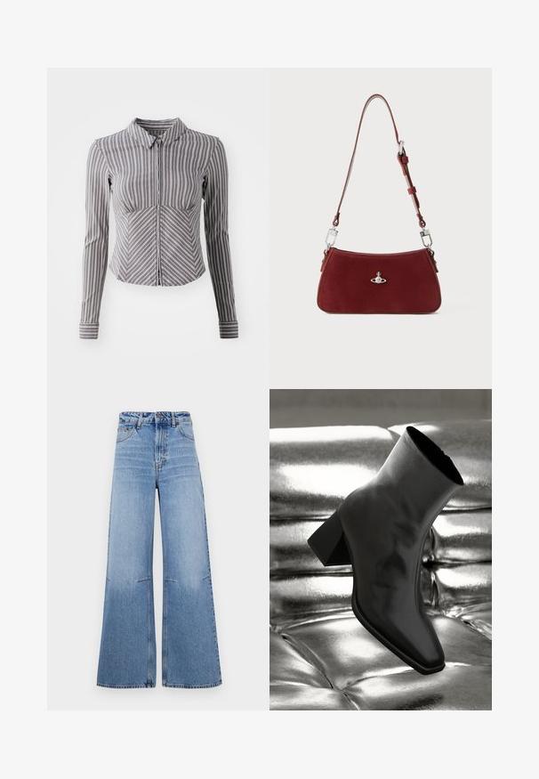 Šedá dlouhá košile s bílými vertikálními pruhy, s límečkem a zipovým zapínáním. Má přiléhavý střih a zakřivený spodní lem.; Světle modré džíny s širokými nohavicemi a vysokým pasem, s předními kapsami a švy, které probíhají vertikálně po nohavicích.; Černá kotníková bota vyrobená z lesklého materiálu se čtveratou špičkou a zúženým podpatkem, umístěná na lesklém stříbrném prošívaném pozadí.; Červená semišová kabelka na rameno s křivkovým tvarem. Obsahuje stříbrný akcent a nastavitelné ucho se kovovými detaily. Hladký povrch.