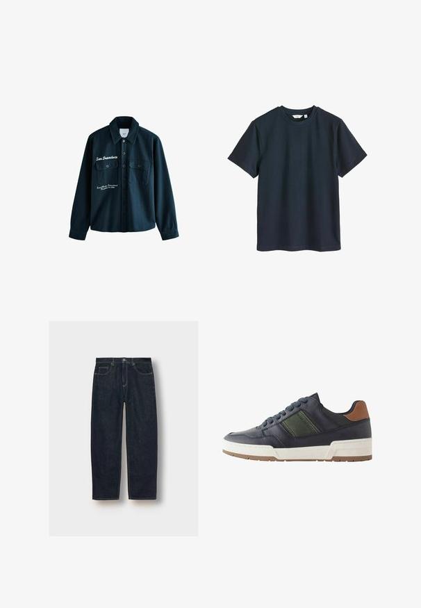 Tumši zaļš pogām apģērbs ar divām priekšējām kabatām, izšuvuma detaļām un klasisku apkakli. Izgatavots no teksturēta auduma.; Tumši zils kokvilnas T-krekls ar īsām piedurknēm, apaļa kakla izgriezums un gluda tekstūra. Vienkāršs dizains bez redzamām logotipiem vai rakstiem.; Tumši zili džinsi ar brīvu piegriezumu, pieci kabatas un kontrastējoša sašuve. Iezīmēts ar pogu un rāvējslēdzēja aizdari. Gluda tekstūra.; Jūras zila ādas sporta apava ar zaļu akcenta svītru, baltu starppodolu un brūnu papēdi. Iespējama noapaļota purngala un strukturēta gumijas zole.