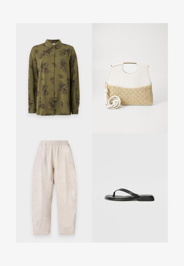 Olivegrünes Langarmhemd mit Knöpfen, dunklen Blumenmustern und spitzem Kragen.; Helle beige, locker sitzende Hosen mit einem elastischen Bund und subtiler Struktur. Gerade Beine, die sich an den Knöcheln leicht verjüngen.; Schwarze Flip-Flops aus glattem Leder, mit einem dünnen Riemendesign und einer flachen Sohle mit minimalem Profil. Keine bemerkenswerten Muster oder Akzente.; Weiße Lederhandtasche mit einem strukturierten cremefarbenen gewebten Stoffboden. Verfügt über einen goldfarbenen Griff und einen gewickelten weißen Trageriemen für Vielseitigkeit.