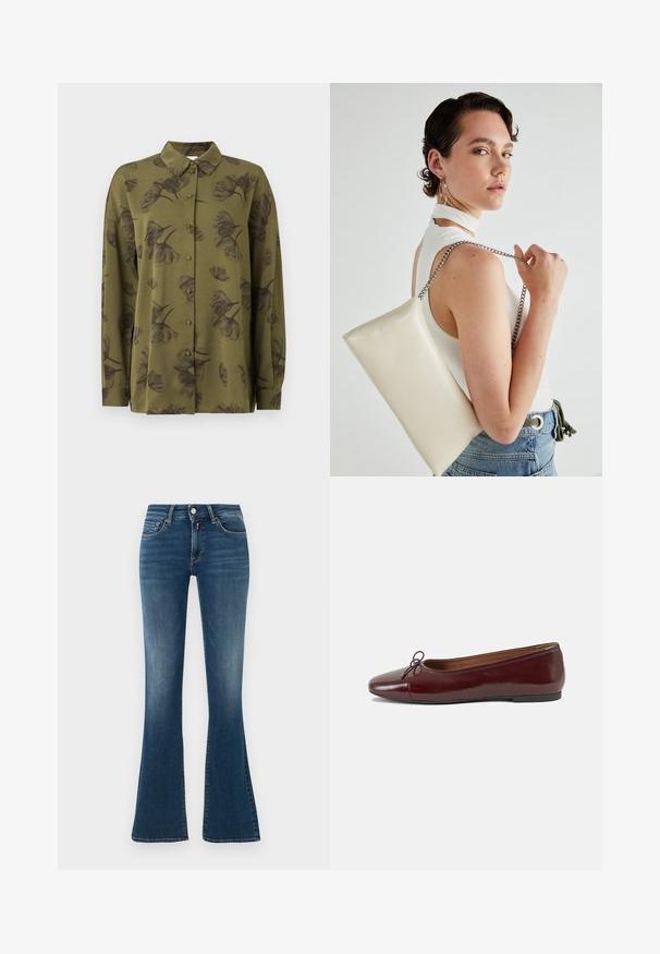 Olivovo zelená košela s dlhým rukávom, gombíková, s tmavými kvetinovými vzormi a špicatým golierom.; Modré denimové nohavice s vysokým pásom, mierne vyblednuté, s prednými vreckami, gombíkom, zipsom a rozšírenými nohami na jednoduchom svetlom pozadí.; Burgundské lakované balerínky s okrúhlou špičkou, malou mašľou na prednej strane a nízkou čiernou gumovou podrážkou. Hladký povrch.; Biely obdĺžnikový kabelka z lesklého materiálu s strieborným reťazovým popruhom. Model predvádza kabelku na jednotnom pozadí.