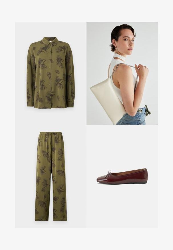 Camisa verde-oliva de manga longa, abotoada, com estampados florais escuros e colarinho pontudo.; Calças largas de cor verde-oliva com cintura elástica e padrão de flores pretas.; Bailarinas em couro sintético borgonha com bico redondo, pequeno laço na frente e sola baixa em borracha preta. Textura suave.; Bolsa de mão retangular branca, feita de material brilhante, com uma alça em corrente prateada. Modelo posa, exibindo a bolsa contra um fundo simples.