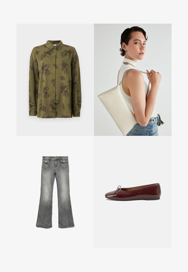 Camisa de botones de manga larga en verde oliva con estampados florales oscuros y cuello puntiagudo.; Jeans de mezclilla gris de pierna acampanada con un lavado desgastado, diseño de cinco bolsillos y herrajes en tono dorado contrastante. Cintura recta con cierre de botón.; Bailarina de charol burdeos con punta redonda, pequeño lazo en la parte frontal y una suela baja de goma negra. Textura suave.; Bolso de mano rectangular blanco, hecho de un material brillante, con una cadena plateada. La modelo posa, mostrando el bolso frente a un fondo liso.