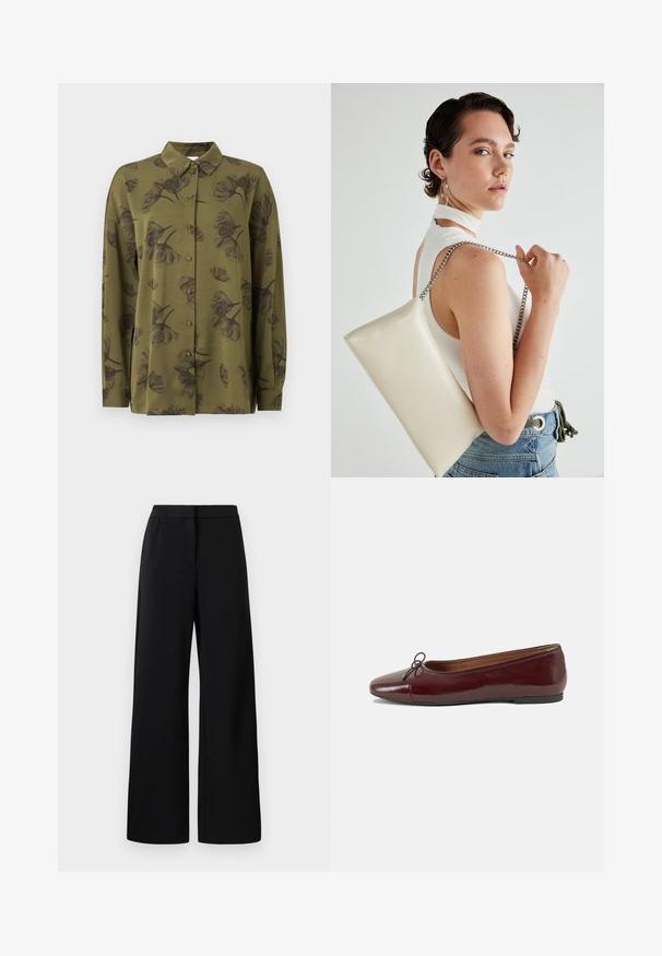 Cămașă lungă cu mânecă, de culoare verde măslinie, cu imprimeuri florale în nuanțe închise și guler ascuțit.; Pantaloni negri cu talie elastică și față plată, concepuți pentru o potrivire liberă și confortabilă.; Balerini din piele patent burgund cu vârful rotund, accent de fundiță mică în față și talpă joasă din cauciuc negru. Textură netedă.; Geantă de clutch rectangulară albă, realizată dintr-un material lucios, având o curea de lanț argintie. Modelul pozează, evidențiind geanta pe un fundal simplu.