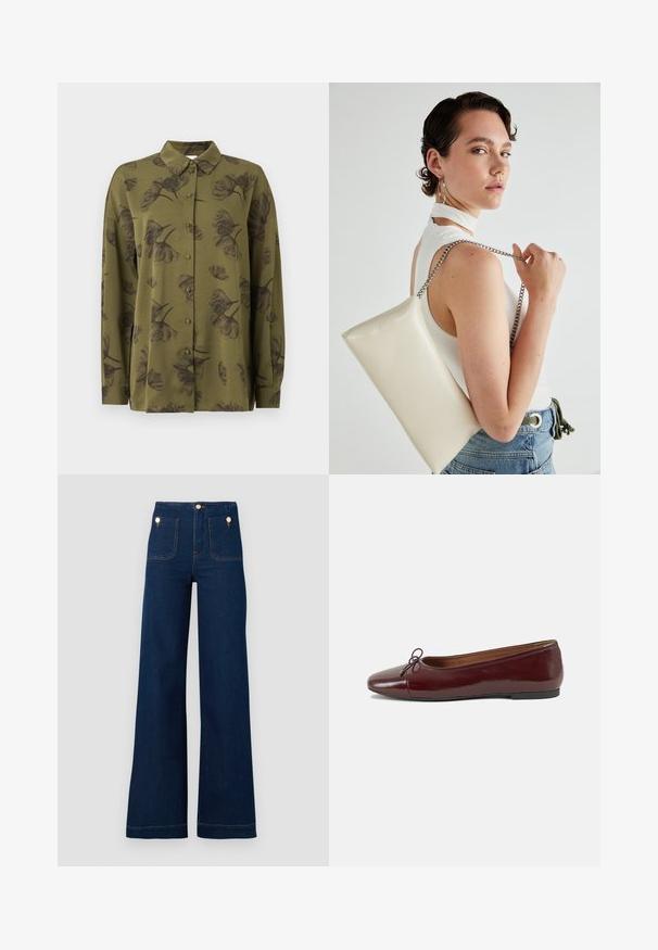 Oliivinvihreä pitkähihainen nappikauluspaita tummilla kukkakuvioilla ja kärjellä varustetulla kauluksessa.; Tummansiniset leveälahkeiset farkut korkealla vyötäröllä, kultaiset napin yksityiskohdat, kaksi etu- ja takataskua sekä erottuvat ompelusaumat. Rakenteellinen farkkukangas.; Burgundin värinen lakattu nahkainen ballerinatossu pyöreällä varvaskärjellä, pienen nauhan yksityiskohdalla edessä ja matalalla mustalla kumipohjalla. Sujuva pinta.; Valkoinen suorakulmainen clutch-laukku, joka on valmistettu kiiltävästä materiaalista ja jossa on hopeinen ketjuolkahihna. Malli poseeraa laukku käsivarsillaan yksinkertaista taustaa vasten.