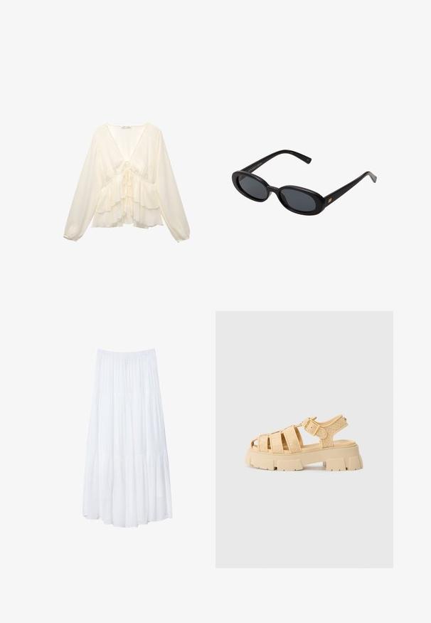 Cremfarbene Bluse mit V-Ausschnitt, langen Ballonärmel und geschichteten Rüschen am Saum, mit einer Bindung im Rückenmittelpunkt.; Weißer, gestufter Maxi-Rock aus leichtem Stoff. Verfügt über einen elastischen Bund und ein fließendes Design mit weicher, subtiler Textur.; Beige Plattform-Sandalen mit geflochtenen Riemen und einer Schnalle. Chunky-Sohle mit strukturiertem Finish. Offenes Zehendesign. Leicht und lässig.; Schwarze, oversized Sonnenbrillen mit ovalen Gläsern, glattem Kunststoffrahmen und goldenen Akzenten an den Bügeln. Die dunklen Gläser bieten Sonnenschutz.; Geflochtene Strohttasche mit geflochtener Textur, dunkelbraunen Ledergriffen und Boden, breiter runder Form und offenes Oberteil.