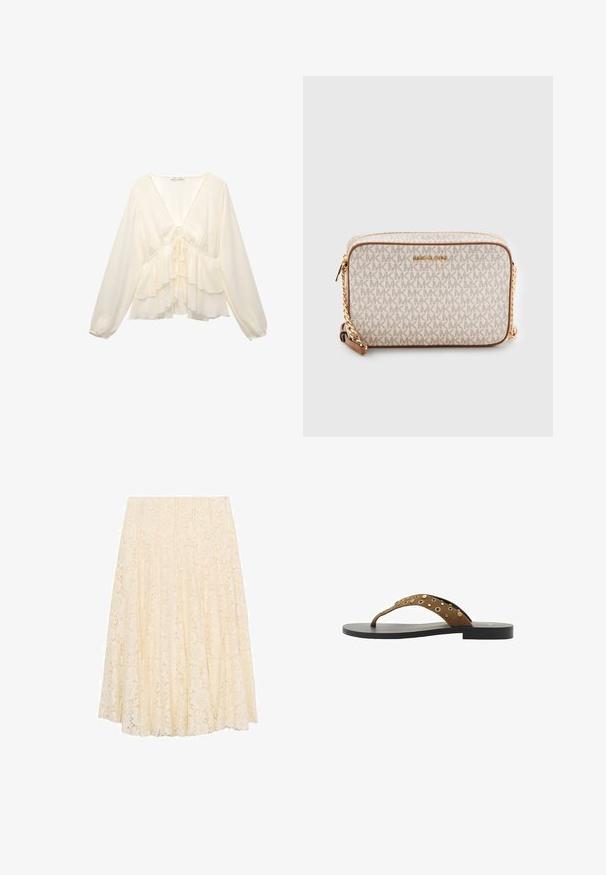 Kremowa bluzka z dekoltem w serek, długimi bufiastymi rękawami i warstwowymi falbanami na dole, z wiązaniem z tyłu na środku.; Kremowa koronkowa spódnica midi z kwiatowym wzorem, plisowanym fasonem i gładką teksturą. Pasek w talii jest płaski, a długość spódnicy sięga poniżej kolan.; Brązowe zamszowe klapki z pojedynczym paskiem ozdobionym złotymi ćwiekami, czarną podeszwą, płaskim designem i prostą, minimalistyczną formą.; Beżowa torba na ramię wykonana z płótna z powtarzającym się wzorem logo MK, złotymi elementami metalowymi i łańcuszkowym paskiem. Posiada zamek błyskawiczny oraz skórzane akcenty.