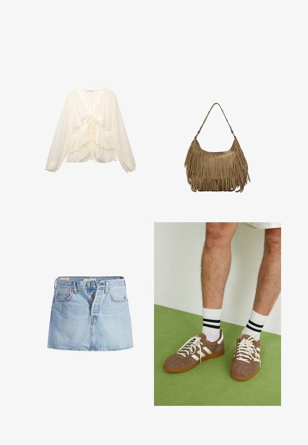 Crème-kleurige blouse met een V-hals, lange ballonmouwen en gelaagde ruches aan de onderrand, met een strikdetail in het midden van de rug.; Lichtblauwe denim rok met een aansluitende taille, vijf zakken, sluiting met knopen aan de voorkant en subtiele vervaging door de stof.; Bruine suède sneakers met witte accenten en veters. Rubberen gumzool. Draag met witte sokken met zwarte strepen. Groene gestructureerde vloer.; Bruine suède handtas met lange franjes, een gebogen vorm en een enkele schouderband. Heeft een gladde, gestructureerde oppervlakte.
