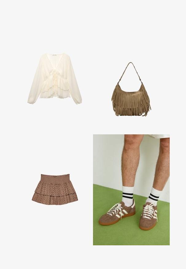 Kermanvärinen paita, jossa on V-pääntie, pitkät pallohihoja ja kerrokselliset röyhelöt helmassa, keskellä takana solmukuvio.; Ruskea kerroksellinen hame, joka on valmistettu pehmeästä kankaasta. Siinä on joustava vyötärö ja brodeeratut kuviot, joissa on geometrinen muotoilu.; Ruske nahkate sneakerit valkoisilla korostuksilla ja nauhoilla. Kumi-gumipohja. Yhdistetty valkoisiin sukkiin, joissa on mustia raitoja. Vihreä teksturoitu lattia.; Ruskea mokkanahkainen käsilaukku, jossa on pitkät fringer yksityiskohdat, kaareva muoto ja yksi olkahihna. Pinta on sileä ja teksturoitu.