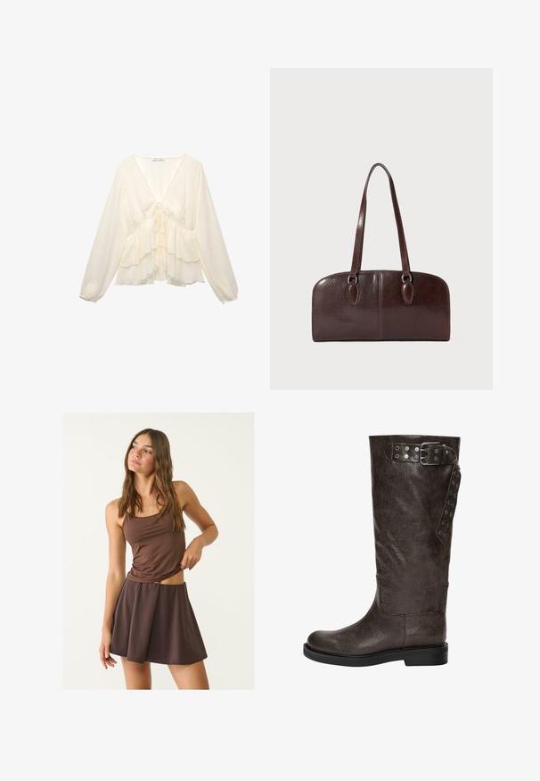 Blusa color crema con scollo a V, maniche lunghe a palloncino e rouches a strati all'orlo, con un dettaglio a cravatta sul retro centrale.; Canotta marrone e gonna a campana coordinata, realizzata in tessuto morbido e leggero. La canotta presenta spalline sottili e una silhouette aderente.; Stivale in pelle marrone fino al ginocchio con una finitura texturizzata, dotato di una fibbia e di dettagli a scatto laterali, e una suola di gomma piatta.; Borsa in pelle marrone con due manici lunghi, forma rettangolare strutturata, superficie liscia e angoli arrotondati. Presenta dettagli di accentuazione sui manici.