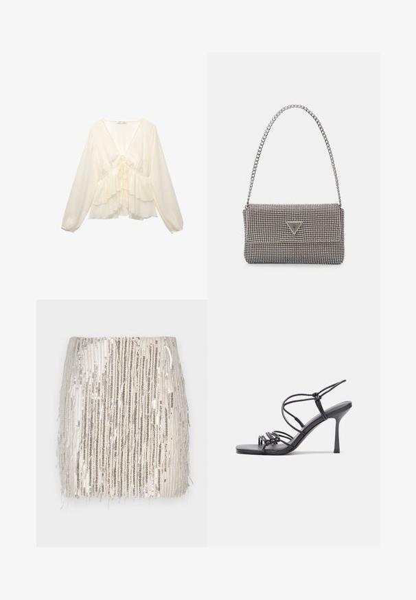 Blusa color crema con scollo a V, maniche lunghe a palloncino e rouches a strati all'orlo, con un dettaglio a cravatta sul retro centrale.; Gonna corta in paillettes color beige con righe verticali nere e argentate. Presenta dettagli in frangia lungo l'orlo per un tocco di texture e movimento.; Sandali neri con tacco alto presentano sottili cinturini con design annodato, una punta quadrata liscia e un elegante tacco a spillo.; Borsa a mano metallica grigia chiara con tracolla a catena, impreziosita da piccoli chiodi metallici circolari e da un logo triangolare del marchio.; Orecchini a cerchio in argento con una finitura liscia e lucente. Forma arrotondata, design leggero, con chiusura a perno.