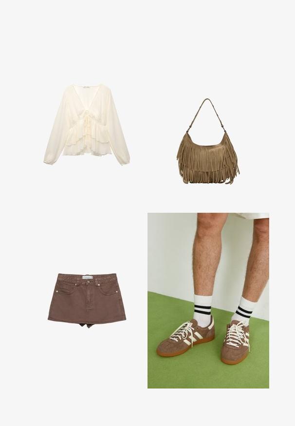 Blouse de couleur crème avec un col en V, des manches longues en ballon et des volants superposés à l'ourlet, avec un détail de nœud au centre du dos.; Jupe en denim marron mini avec une taille ajustée, un design à cinq poches, une fermeture à bouton à l'avant et une longueur juste au-dessus de la cuisse.; Baskets en daim marron avec des accents et des lacets blancs. Semelle en caoutchouc gomme. Portées avec des chaussettes blanches à rayures noires. Sol texturé vert.; Sac à main en daim marron avec des détails en franges longues, une forme incurvée et une seule bandoulière. Caractérisé par une surface lisse et texturée.