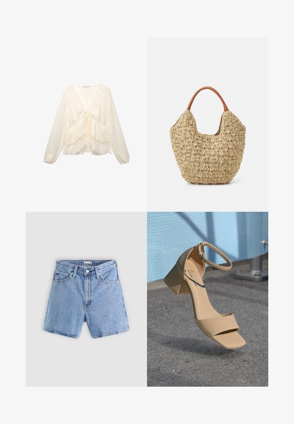 Blusa color crema con scollo a V, maniche lunghe a palloncino e rouches a strati all'orlo, con un dettaglio a cravatta sul retro centrale.; Shorts in denim azzurro chiaro con vita alta, cinque tasche, cuciture visibili e orlo sfrangiato. Dotati di chiusura con bottone e zip.; Sandalo beige con tacco blocco e punta quadrata, con cinghie minime e fibbia alla caviglia. Materiale liscio e opaco su una superficie grigia.; Borsa a tracolla in paglia intrecciata con una texture naturale e una forma morbida e organica, con manici in pelle marrone per un facile trasporto.