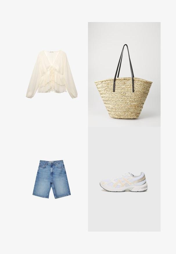 Brašnasto bijela bluzica s V-dekolteom, dugim balon rukavima i slojevitim volanima na rubu, te detaljem vezanja na sredini leđa.; Traperice kratke hlače u svijetloplavoj boji, s klasičnim dizajnom s pet džepova, zip zatvaračem i suptilnim izblijedjenjem. Ravnog kroja s porubljenim rubovima.; Bijela atletska cipela od mrežaste tkanine, s naglascima u svijetlo narančastoj i sivoj boji, teksturiranim potplatom i podstavljenim ovratnikom za udobnost.; Torba od pletene slame sa širokim, suženim oblikom, sa dva crna kožna remena. Prirodna bež boja sa teksturiranom površinom.