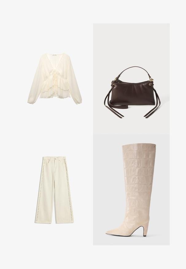 Krémová blůza s výstřihem do V, dlouhými balónovými rukávy a vrstvenými volány na lemu, s detailem vázání na zadní straně.; Světle krémové široké džíny s kovovými cvočky podél vnějších švů, pěti kapsami a standardním zapínáním na knoflík.; Krémová kožená vysoká bota z faux krokodýlí kůže s špičatou špičkou a zúženým podpatkem. Hladký povrch s výrazným vzorem po celé délce holeně.; Hnědá kožená kabelka s zakřiveným vrchem, krátkým madlem a dlouhými popruhy. Obsahuje zlaté kovové prvky a hladký povrch.
