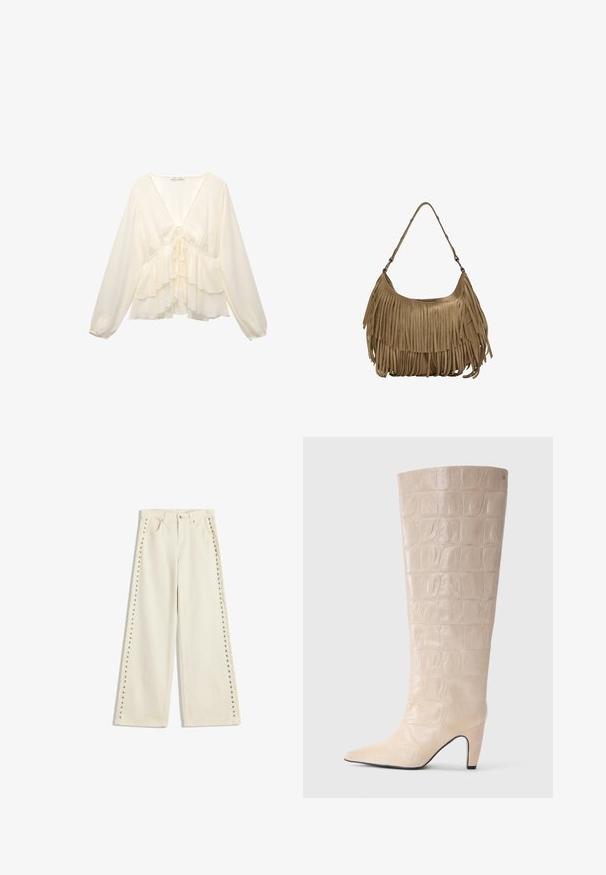 Krém színű blúz V-nyakkal, hosszú ballonujjakkal és réteges fodrokkal az alján, a hát közepén megkötős részlettel.; Világos krémszínű, széles szárú farmernadrág, fém szegecsek díszítésével a külső varrások mentén, öt zsebbel és hagyományos gombos záródással.; Krém színű műkrokodil bőrből készült térdmagasságú csizma, hegyes orral és keskeny sarkával. Sima textúra, jól definiált mintával a szárán.; Barna velúr kézitáska hosszú rojtos részletekkel, ívelt formával és egyetlen vállpánttal. Simító, texturált felülettel rendelkezik.