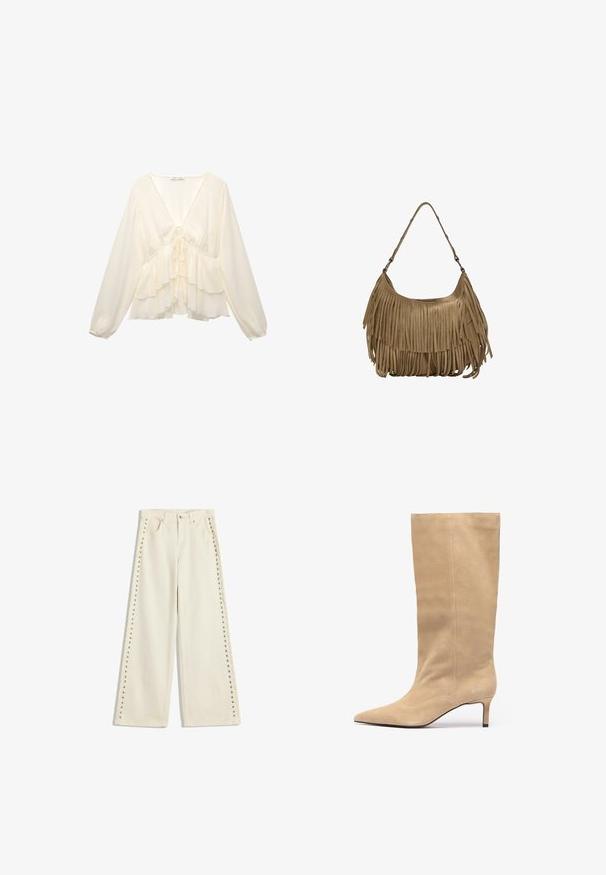 Bluză de culoare crem cu decolteu în V, mâneci lungi tip balon și volane stratificate la tiv, cu un detaliu cu fundă în partea din spate.; Jeans largi din crem deschis, cu accente din știfturi metalice de-a lungul cusăturilor exterioare, cinci buzunare și închidere standard cu nasture.; Botină bej din suede, până la genunchi, cu vârf ascuțit și toc subțire. Prezintă cusături verticale pe tijă pentru un detaliu suplimentar.; Geantă de umăr din nubuc maro, cu detalii lungi din franjuri, de formă curbată și cu un singur mâner. Prezintă o suprafață netedă, texturată.
