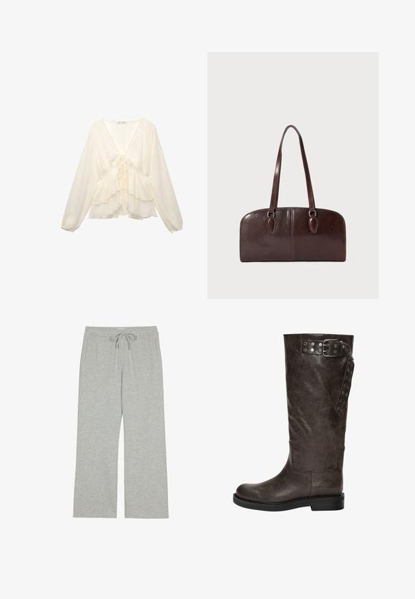 Kremfärgad blus med V-ringning, långa ballongärmar och lager av volanger vid fållen, med en knytning i mitten av ryggen.; Ljusgrå mjukisbyxor gjorda av mjukt, texturerat tyg med dragningsmidja och sidofickor; bred, avslappnad passform.; Bruna läderstövlar i knähöjd med en texturerad yta, som har en spänne och tryckknappsdetaljer på sidan, samt en platt gummisula.; Brun läderhandväska med två långa handtag, en strukturerad rektangulär form, slät textur och rundade kanter. Har accentdetaljer vid handtagen.