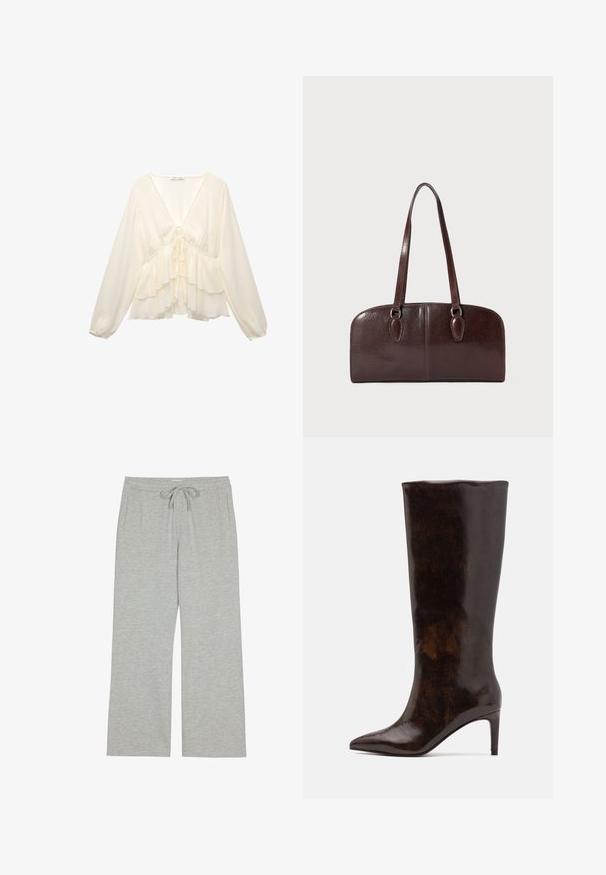 Cremfarbene Bluse mit V-Ausschnitt, langen Ballonärmel und geschichteten Rüschen am Saum, mit einer Bindung im Rückenmittelpunkt.; Hellgraue Jogginghose aus weichem, strukturiertem Stoff mit einem Kordelzugbund und Seitentaschen; weit geschnitten und lässig.; Call it Spring RHODDE - High Heel Stiefel - medium brown; Braune Ledertasche mit zwei langen Tragegriffen, einer strukturierten rechteckigen Form, glatter Textur und abgerundeten Kanten. Besitzt Akzentdetails an den Griffen.