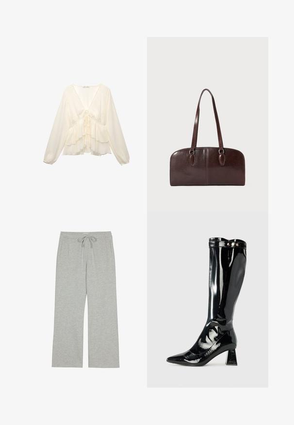 Blusa color crema con scollo a V, maniche lunghe a palloncino e rouches a strati all'orlo, con un dettaglio a cravatta sul retro centrale.; Pantaloni tuta grigi chiari realizzati in un morbido tessuto testurizzato, con cintura regolabile e tasche laterali; vestibilità ampia e rilassata.; Stivale alto in pelle verniciata nera con punta affusolata, tacco geometrico a blocco e finitura lucida, caratterizzato da un accentuato bottone decorativo sulla parte superiore.; Borsa in pelle marrone con due manici lunghi, forma rettangolare strutturata, superficie liscia e angoli arrotondati. Presenta dettagli di accentuazione sui manici.