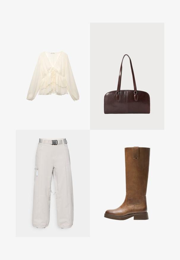 Brašnasto bijela bluzica s V-dekolteom, dugim balon rukavima i slojevitim volanima na rubu, te detaljem vezanja na sredini leđa.; Svijetlosive cargo hlače sa širokim nogavicama, podesivim remenom, bočnim džepovima i detaljima sa zatvaračem, izrađene od izdržljivog, materijala koji odvodi vlagu.; Smeđe kožne čizme do koljena s zaobljenim nosom, teksturiranom površinom i niskim debljim potplatom. Imaju bočni panel i povlačnu traku na vrhu.; Smeđa kožna torba s dvije duge ručke, strukturiranog pravokutnog oblika, glatke teksture i zaobljenih rubova. Sadrži ukrasne detalje na ručkama.
