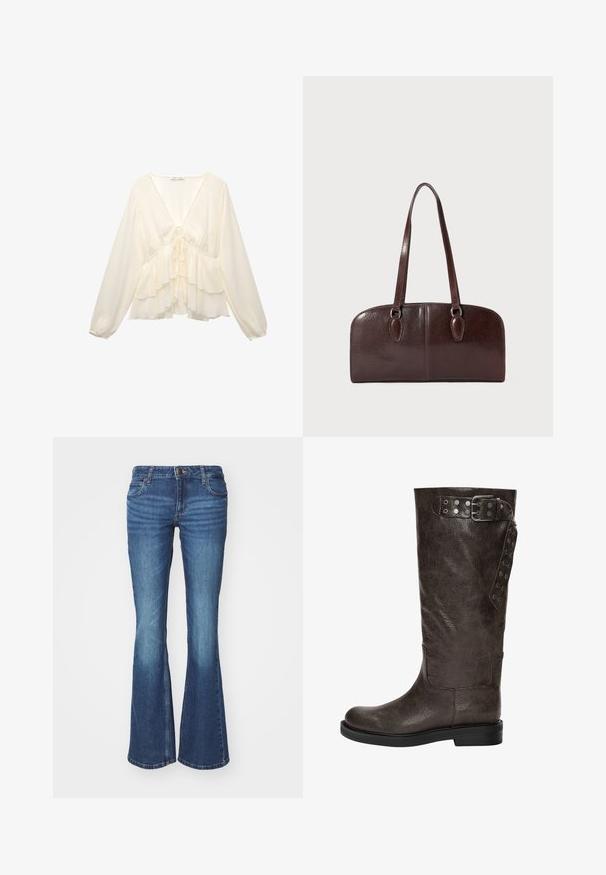 Kremfärgad blus med V-ringning, långa ballongärmar och lager av volanger vid fållen, med en knytning i mitten av ryggen.; Kostymbyxor i medelblå denim. Har dragkedja med metallknapp, två framfickor och blekningsdetaljer vid knäna.; Bruna läderstövlar i knähöjd med en texturerad yta, som har en spänne och tryckknappsdetaljer på sidan, samt en platt gummisula.; Brun läderhandväska med två långa handtag, en strukturerad rektangulär form, slät textur och rundade kanter. Har accentdetaljer vid handtagen.