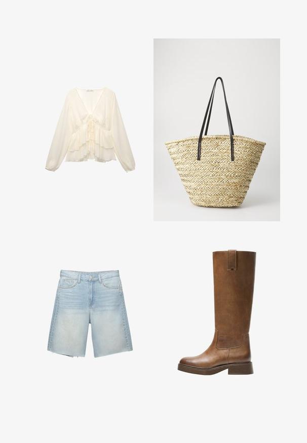 Kermanvärinen paita, jossa on V-pääntie, pitkät pallohihoja ja kerrokselliset röyhelöt helmassa, keskellä takana solmukuvio.; Vaaleansiniset farkkushortsit suoralla leikkauksella, joissa on niittikoristeet sivusaumojen varrella ja hapsutettu helma. Kaksi etutaskua näkyvissä.; Kahvipronssinen polvipituinen saapas, jossa on pyöristetty kärki, teksturoitu pinta ja matala pinoheijastin. Varressa on sivupaneeli ja vetotappi ylhäällä.; Kudottu oljetta oleva käsilaukku, jossa on leveä, kapeneva muoto ja kaksi mustaa nahkahihnaa. Luonnollinen beige väri, joka on teksturoidulla pinnalla.