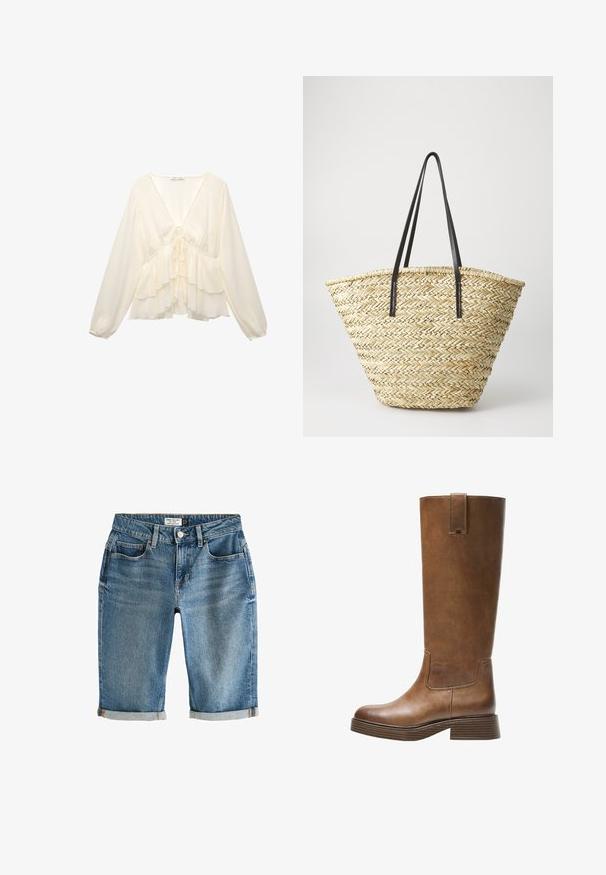 Kermanvärinen paita, jossa on V-pääntie, pitkät pallohihoja ja kerrokselliset röyhelöt helmassa, keskellä takana solmukuvio.; Siniset farkkushortsit, jotka ulottuvat polveen ja joissa on käänteet, viisi taskua ja metallinen nappisuljenta. Kangas näyttää hieman haalistuneelta.; Kahvipronssinen polvipituinen saapas, jossa on pyöristetty kärki, teksturoitu pinta ja matala pinoheijastin. Varressa on sivupaneeli ja vetotappi ylhäällä.; Kudottu oljetta oleva käsilaukku, jossa on leveä, kapeneva muoto ja kaksi mustaa nahkahihnaa. Luonnollinen beige väri, joka on teksturoidulla pinnalla.