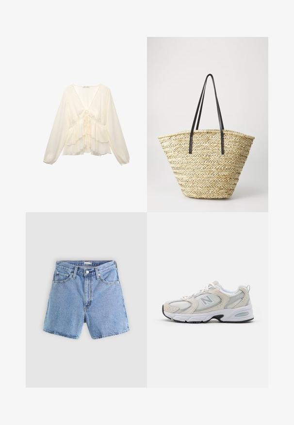 Krém színű blúz V-nyakkal, hosszú ballonujjakkal és réteges fodrokkal az alján, a hát közepén megkötős részlettel.; Világoskék farmer rövidnadrág magas derekú, öt zsebbel, látható varrással és rojtos szegéllyel. Gombos és cipzáros záródással rendelkezik.; Sportcipő, amely világosszürke hálós felsőrésszel és velúr részletekkel rendelkezik, fehér fűzőkkel és fekete gumitalppal. Kiemelkedő ABZORB párnázás részlet.; Szőtt szalmából készült táska, széles, kúpos formával, két fekete bőrkarral. Természetes bézs szín, texturált felülettel.