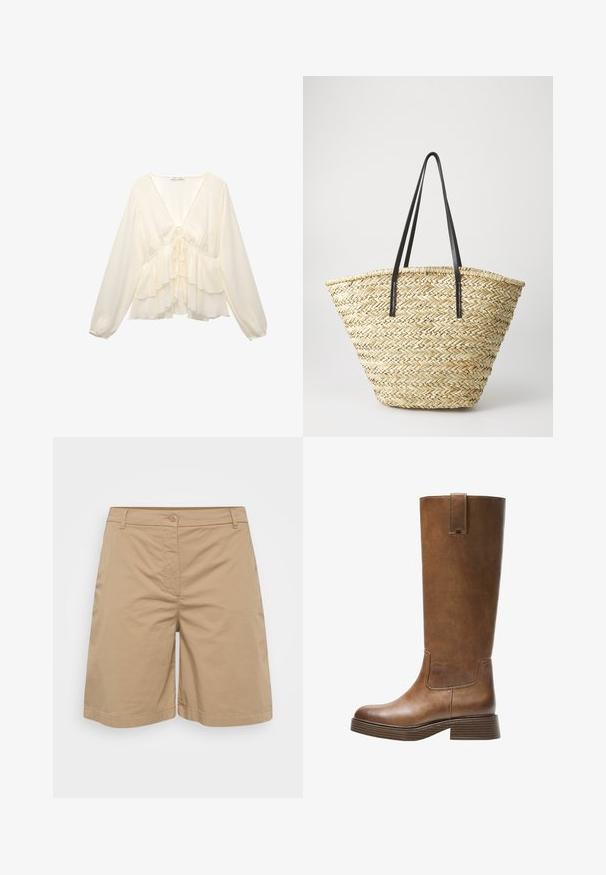 Bluză de culoare crem cu decolteu în V, mâneci lungi tip balon și volane stratificate la tiv, cu un detaliu cu fundă în partea din spate.; Pantaloni scurți kaki dintr-un material moale din bumbac, cu un design drept, închidere cu buton și buzunare frontale.; Botă din piele maro, până la genunchi, cu vârf rotunjit, suprafață texturată și toc mic, îngroșat. Dispune de un panou lateral și un capac de prindere în partea de sus.; Geantă de umăr din paie împletit, cu o formă largă și conică, având două mânere din piele neagră. Culoare bej naturală cu o suprafață texturată.
