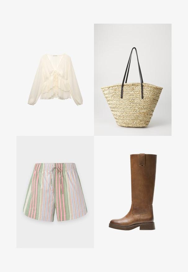 Cremfarbene Bluse mit V-Ausschnitt, langen Ballonärmel und geschichteten Rüschen am Saum, mit einer Bindung im Rückenmittelpunkt.; Gestreifte Baumwollshorts mit einem Kordelzugbund. Verfügt über vertikale Linien in Grün, Pink, Lila und Creme. Weicher Stoff, entspannter Schnitt.; Braunes Leder-Knöchelhochstiefel mit abgerundetem Zeh, strukturiertem Obermaterial und niedrigem, gestapeltem Absatz. Verfügt über ein seitliches Einsätzen und eine Ziehschlaufe an der Oberseite.; Geflochtene Strohtasche in breiter, sich verjüngender Form mit zwei schwarzen Ledergriffen. Natürliche beige Farbe mit strukturierter Oberfläche.