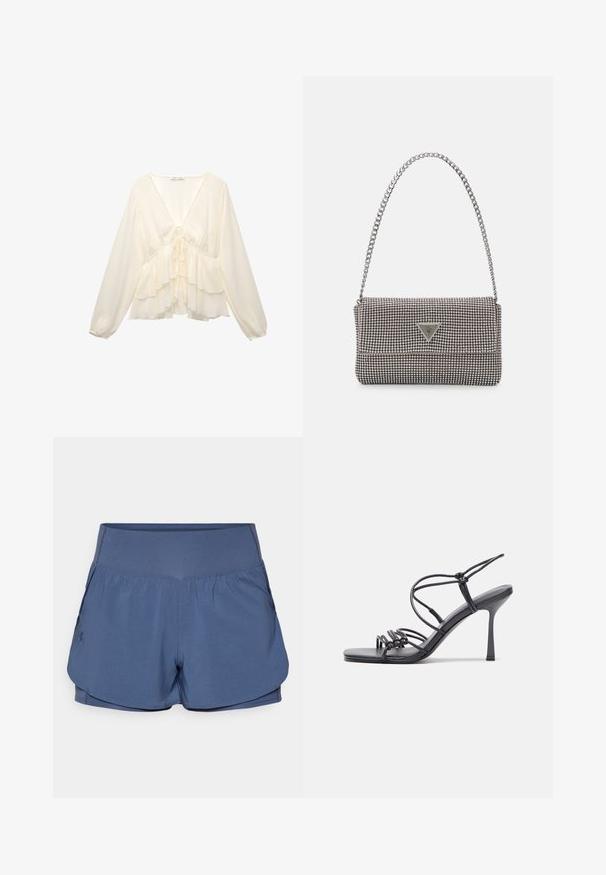 Cremfarbene Bluse mit V-Ausschnitt, langen Ballonärmel und geschichteten Rüschen am Saum, mit einer Bindung im Rückenmittelpunkt.; Under Armour VANISH - 2-in-1 Shorts - downpour gray; Schwarze, hochhackige Sandalen mit dünnen Riemen und einem geknoteten Design, einer glatten, rechteckigen Zehenpartie und einem eleganten Stiletto-Absatz.; Hellegraue metallische Handtasche mit einer Kettenriemen, verziert mit kleinen kreisförmigen metallic Nieten und einem dreieckigen Markenlogo.; Silberne Creolen mit einer glatten, glänzenden Oberfläche. Abgerundete Form, leichtes Design, mit einer Steckverschluss.