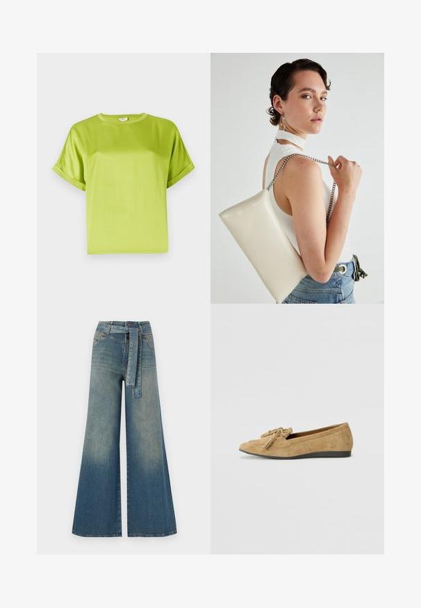 Heled rohelise lühikese varrukaga pluus ümmarguse kaelusega. Sile, läikiv kangas, mis on mugavalt lõigatud. Keeratud varrukakandid ja sirge serv.; Laiad denimpüksid, millel on hele tume sinine gradiendiefekt, kõrge vöökoht, vöökumlid ja sobivast kangast vöö. Struktureeritud denimi viimistlus.; Heledad madaljal jalatsil on helepruun nubuk, ümar nina ja dekoratiivne ripsdetail. Tallal on must, tekstuuriga kumm, mis tagab haarde.; Valge ristkülikuline kotti, mis on valmistatud läikivast materjalist, hõbedase ahelsangaga. Mudel poseerib, tutvustades kotti ühtlase taustaga.