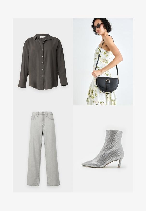 Dunkelgraues Langarmhemd mit Knopfleiste und Kragen, im lässigen Schnitt, mit vorderen Knöpfen und einer glatten, leichten Stoffbeschaffenheit.; Hellgraue, weit geschnittene Jeans aus Denim mit hoher Taille, Fronttaschen und einem Standardverschluss mit Knopf und Reißverschluss.; Silberner Knöchelstiefel mit einer strukturierten, netzartigen Oberfläche, spitzem Zeh und einem niedrigen, strukturierten Absatz. Verfügt über ein glattes Innenfutter.; Schwarze Lederhandtasche mit geschwungener Form, abnehmbarem Tragegurt und goldenen Beschlägen. Die Tasche verfügt über einen Deckel mit einer Schnallen-Details.