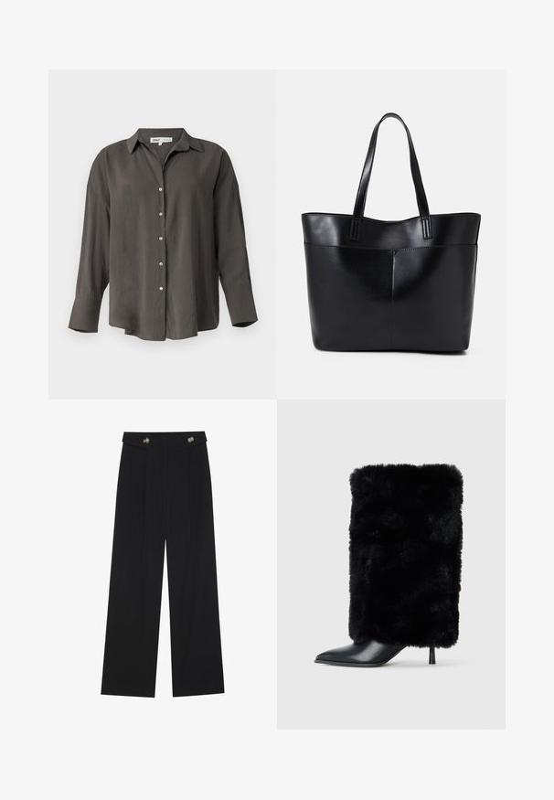Camicia a maniche lunghe grigia scura con colletto, caratterizzata da una vestibilità rilassata, bottoni frontali e una texture di tessuto leggera e liscia.; Pantaloni neri a gamba larga con vita alta, dettagli con bottoni in vita e pieghe frontali.; Stivaletto nero con punta a punta e tacco a stiletto, caratterizzato da un'asta in morbido pelo sintetico nero. Dettaglio in pelle liscia sulla punta.; Borsa a tracolla in pelle nera con due manici lunghi, una texture liscia e una forma strutturata. Presenta una tasca frontale per ulteriore spazio di archiviazione.