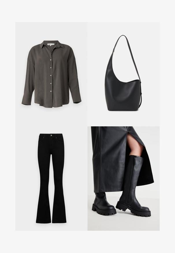 Tumši pelēks garais piedurkņu krekls ar apkakli, atslābināta piegriezuma, ar priekšējām pogām un gludu, vieglu auduma struktūru.; Melni augsta jostas šorti ar pogu un rāvējslēdzēju, priekšējām kabatām un izplestām kājām, nolikti uz balta fona.; Melni līdz ceļiem zābaki ar masīvu zoli, gludu ādas tekstūru, sānu rāvējslēdzēju un minimālistisku dizainu, apvienoti ar izgriezumu melnā svārku.; Melnas ādas hobo soma ar gludu tekstūru, izliekta forma un vienu regulējamu jostu; augšā ir plaša atvere.; Sudraba riņķa auskari ar gludu, apaļu dizainu un pulētu apdari. Tie ir plāni un viegli, ar vienkāršu aizdari.