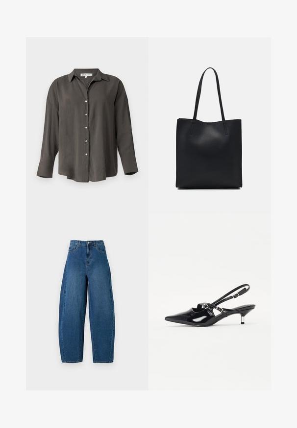 Camisa de botón de manga larga en gris oscuro con cuello, que presenta un corte relajado, botones en la parte delantera y una textura de tela suave y ligera.; Jeans de denim en un lavado azul medio, con una cintura alta, corte de pierna ancha y diseño estándar de cinco bolsillos con detalles de costura visibles.; Zapatos de charol negro tipo slingback con punta afilada, tacón estrecho y correa ajustable a través del instep. Textura suave.; Bolso tote de cuero negro con textura lisa, forma rectangular y dos asas largas. Sin herrajes ni adornos visibles.