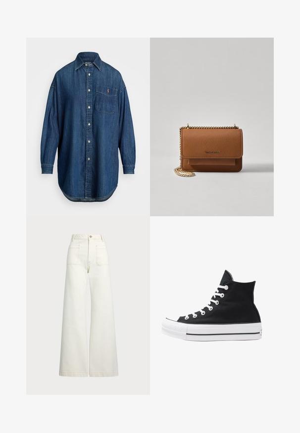 Camisa de ganga azul com botões, mangas longas, um bolso frontal e logotipo em contraste. Apresenta um colarinho clássico e um hem arredondado.; Jeans de perna larga em denim off-white. Design de cintura alta com fecho de botão, dois bolsos frontais e detalhes de costura em contraste.; Shoe de lona preta de cano alto com ilhós, atacadores e sola de borracha brancos. Apresenta um bico texturizado e detalhes em riscas preta e branca.; Bolsa crossbody de couro texturizado castanho com alça de corrente dourada e fecho com aba. A parte da frente apresenta detalhe do logótipo e um bolso sob a aba.