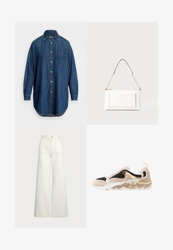 Blå denim skjorte med knapper og lange ærmer, en frontlomme og kontrasterende logo. Har en klassisk krave og afrundet kant.; Pæne brede jeans i off-white denim. Høj talje med knaplukning, to forlommer og detaljer med kontrastsyning.; Sneaker med en overdel i sort mesh, tan nubuck-detaljer og en guldmetallic detalje. Har en hvid sål med et bølgemønster.; Hvid lædertaske med tekstureret overflade, med en guldkædetras og sorte detaljer. Indeholder en frontlomme og lynlås lukning.