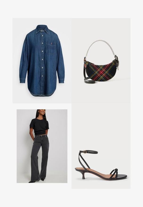Sinine teksariidest nööbitav särk pikkade varrukatega, esikoti ja kontrastse logoga. Omab klassikalist kraed ja ümarat serva.; Mustreeritud must sobiv T-särk, millele on lisatud kõrge vöökoht ja laiad mustad teksad. Kangas näeb välja tekstureeritud. Mustad terava nina kõrge kontsaga kingad lõpetavad välimuse.; Polo Ralph Lauren LEATHER KITTEN-HEEL SANDAL - Klassikalised kontsakingad - black; Villavanistest vildiga valmistatud tartani mustriga kott, millel on poolkuu kuju, hõbedane ahelkäepide ja eemaldatav must nahkrihm.